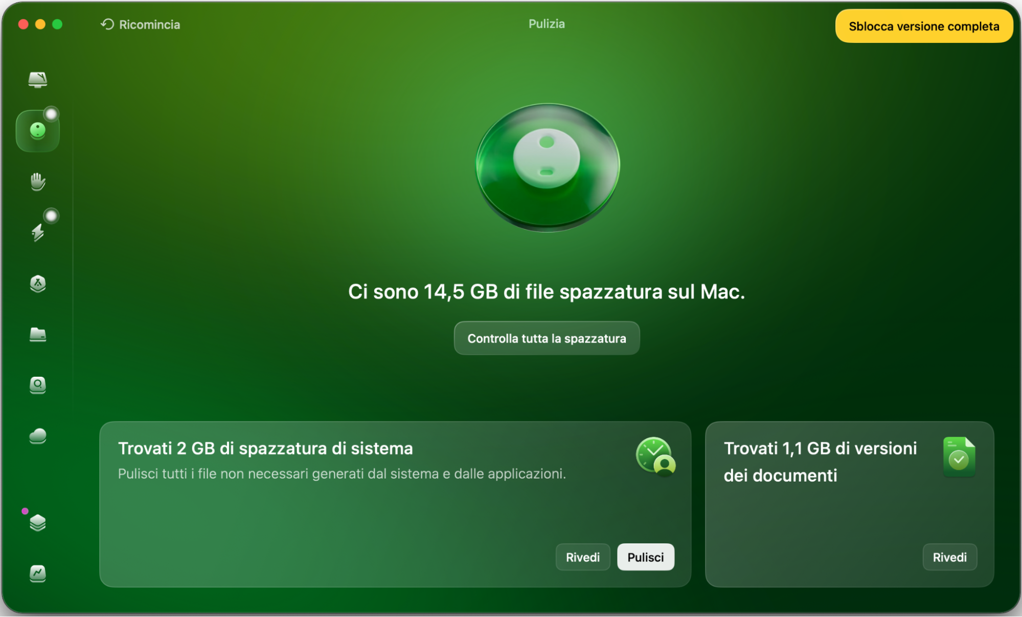 Lo stesso controllo di pulizia viene ora effettuato con la funzione Pulizia di Dati Inutili di CleanMyMac, che copre l’insieme dei file di cache utente, dei log di sistema e di altri dati indesiderati che dovrebbero essere rimossi per ripulire il sistema.