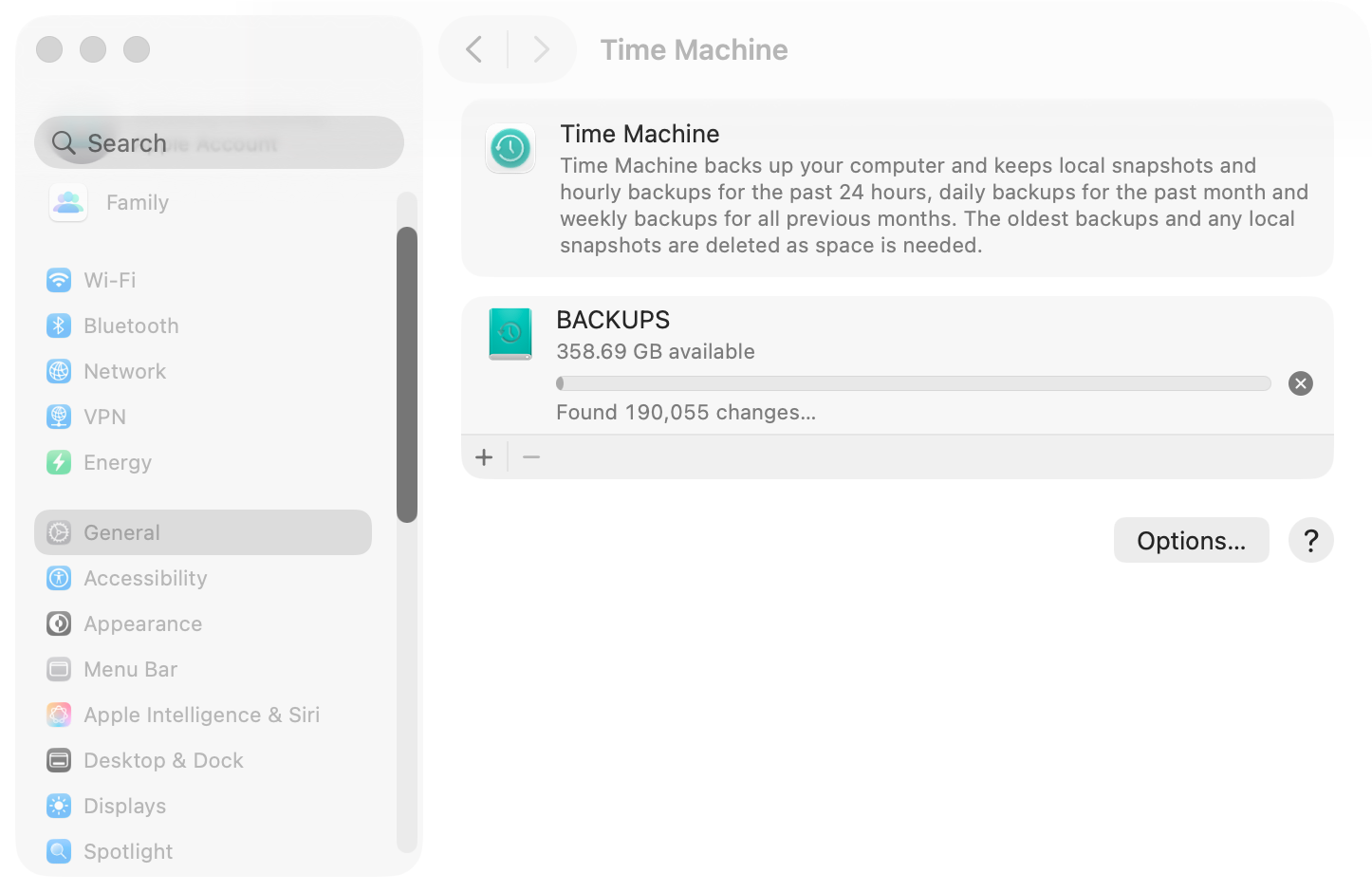 If you're backing up to a hard disk or the cloud, you can verify your backups by manually checking the files are there. With Time Machine, check your Time Machine settings in System Settings.