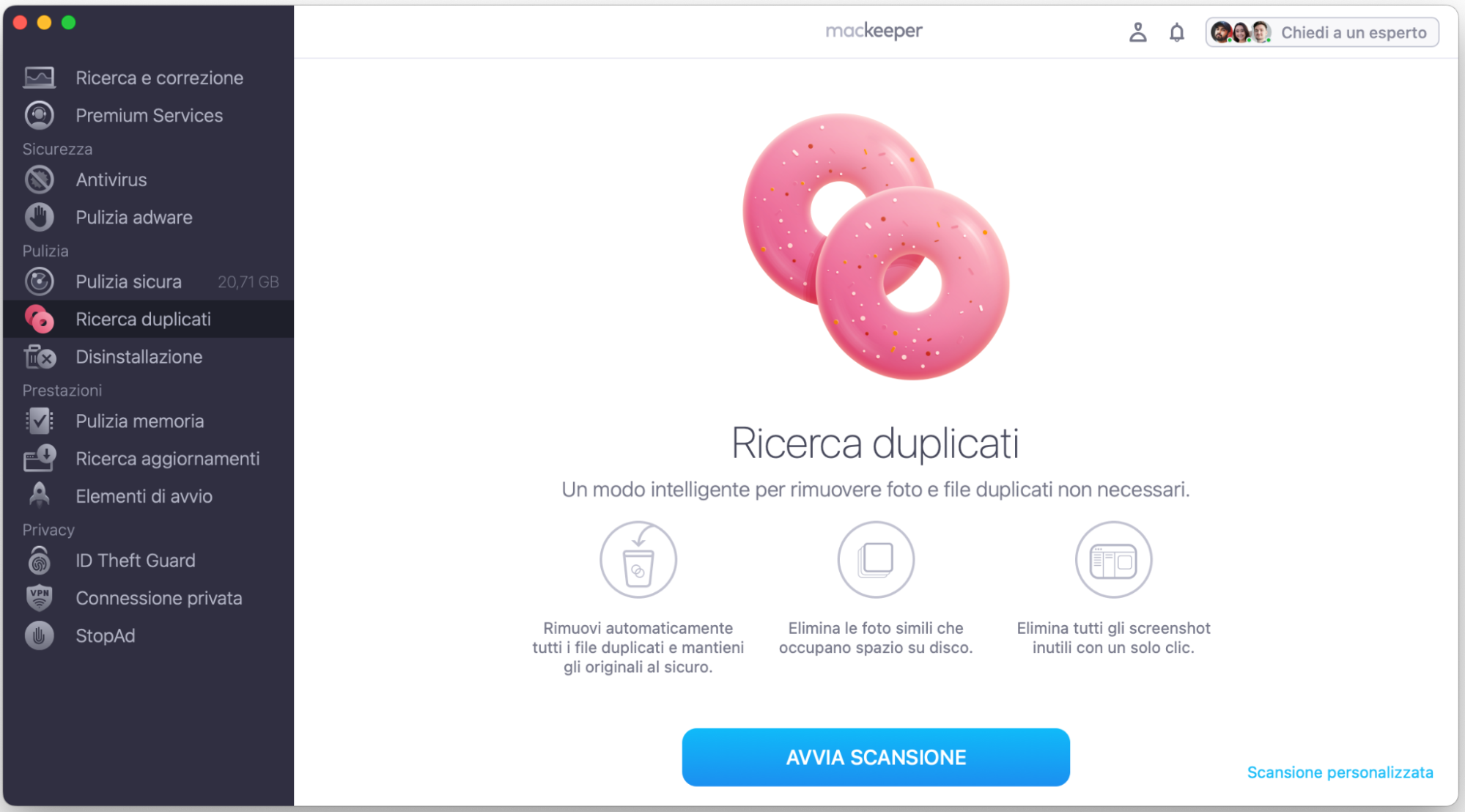 Apri MacKeeper per eliminare in modo efficiente i tuoi file. Vai su Pulizia > Ricerca Duplicati: da qui puoi rimuovere rapidamente eventuali file e cartella duplicati.