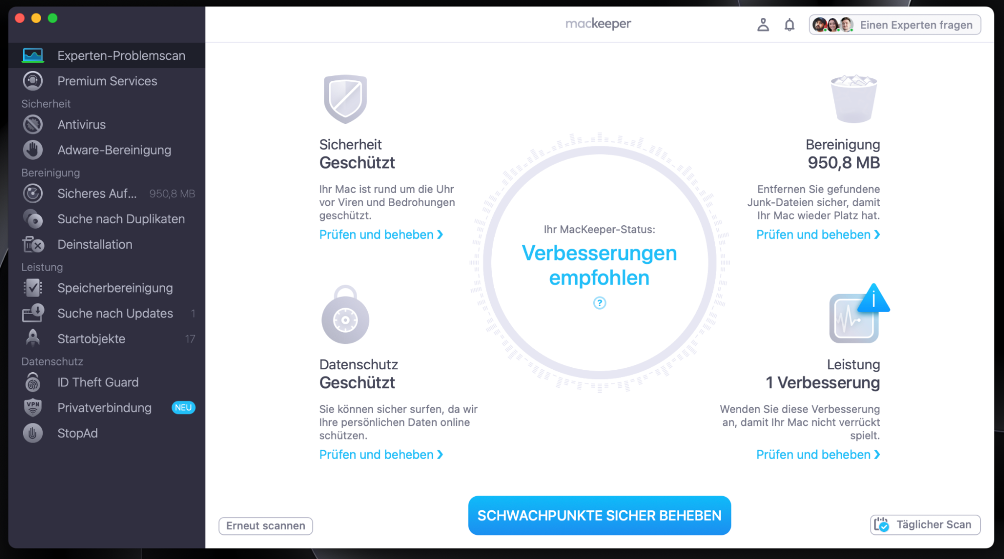 Wenn der Scan abgeschlossen ist, sehen Sie sich die empfohlenen Verbesserungen an und klicken Sie auf Schwachpunkte sicher beheben.