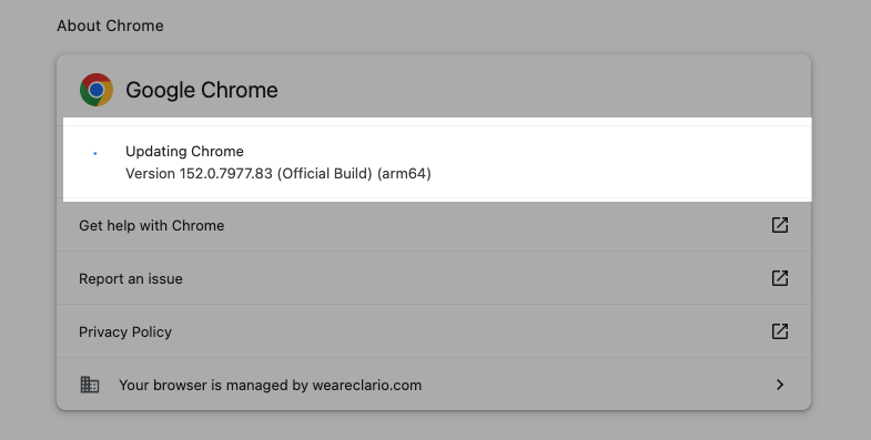 About Chrome page on a MacBook showing Updating Chrome to the latest version to help stop the Avast bad search engine warning.