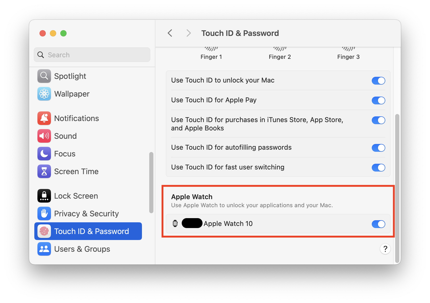 Open System Settings, go to Touch ID & Password, toggle Apple Watch unlock off and back on, and confirm both devices share the same Apple Account and Wi-Fi.