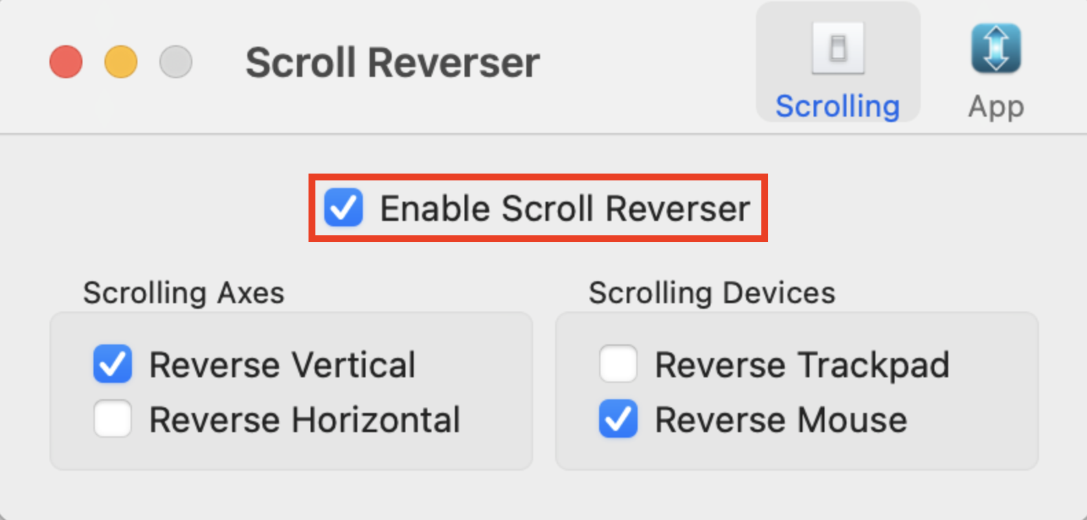 The Scroll Reverser app on Mac. If you want to know how to change scroll direction on Mac, try using a third-party app like this one.