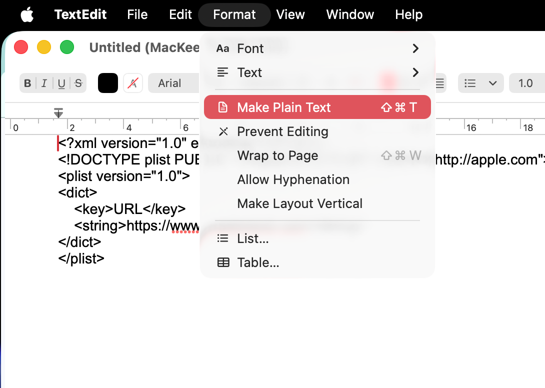 Your webloc file will need to plain text for this to work. If you save in any other format, your webloc file won't work. Select Format > Make Plain Text from the menu bar in TextEdit, then click the 'OK' button.