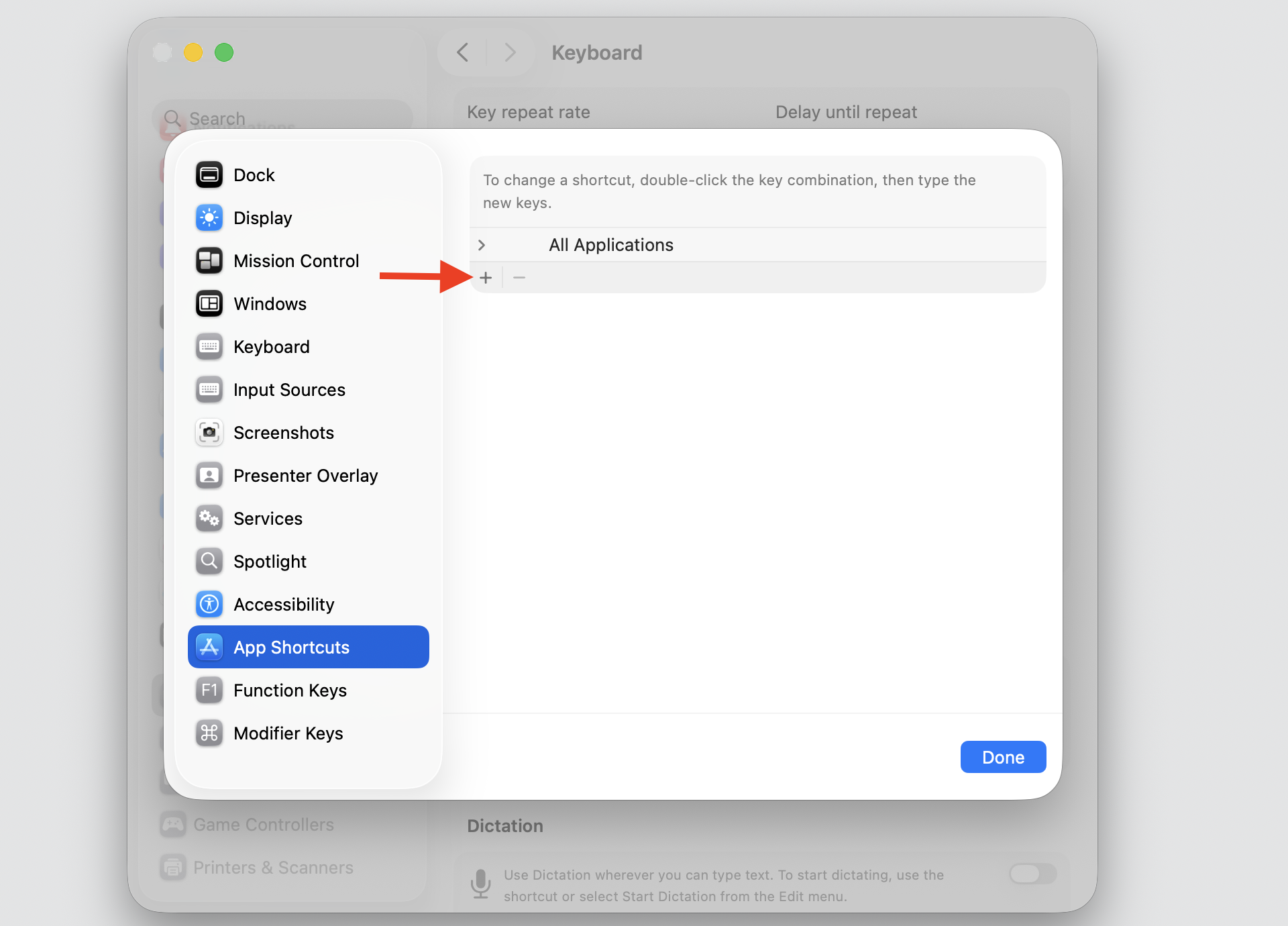 The Keyboard Shortcuts window on macOS showing App Shortcuts chosen and the add (+) button marked to create a new paste shortcut on a Mac.