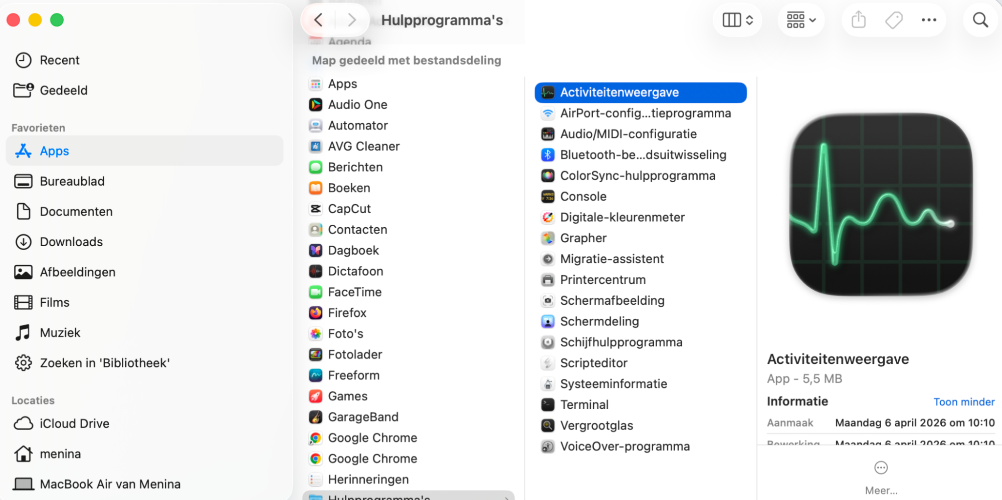 Activiteitenweergave is geselecteerd en donkerblauw gemarkeerd tussen de andere apps in de map ‘Hulpprogramma’s’ binnen ‘Programma’s’.