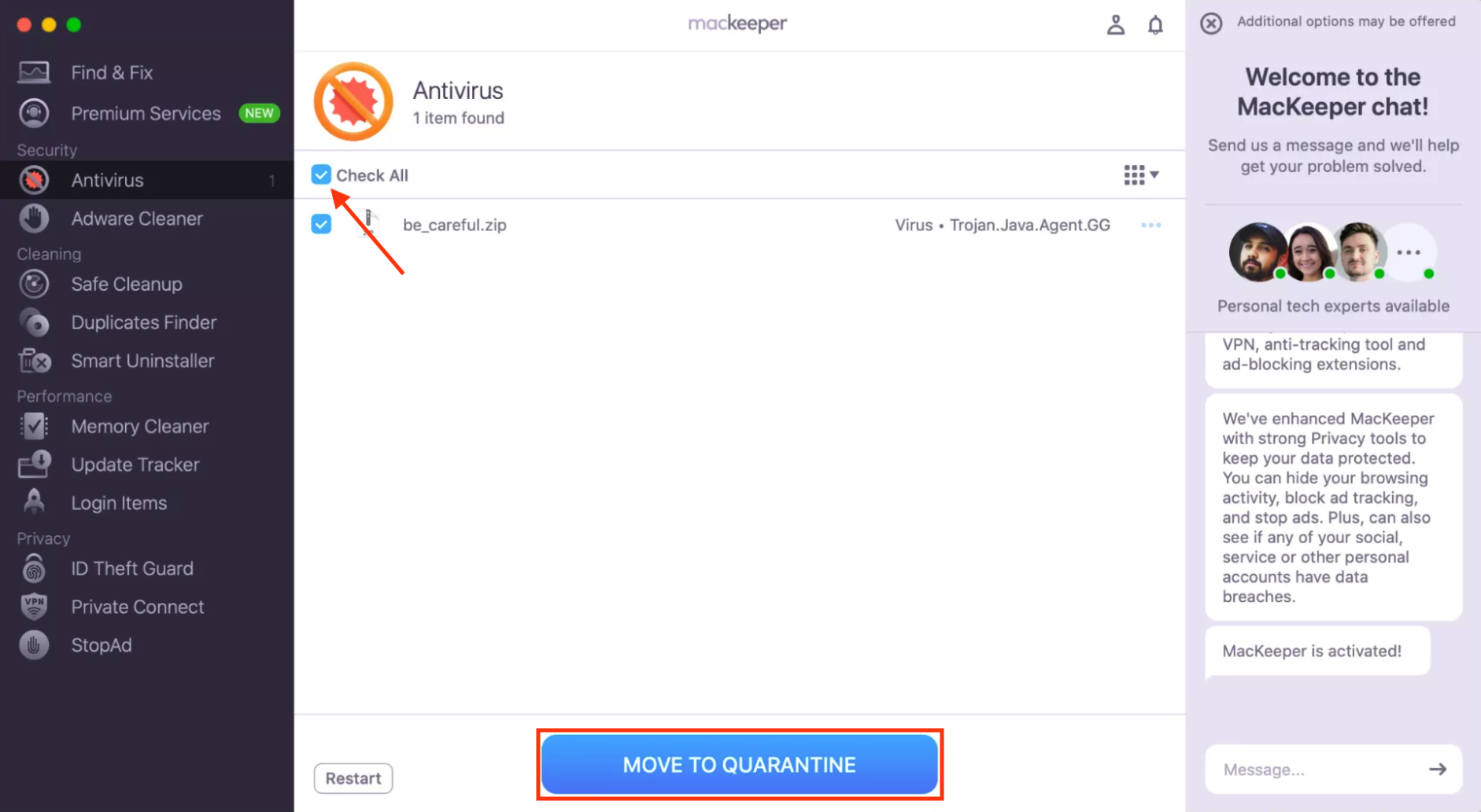 MacKeeper's Antivirus tool on Mac. If you find threats on your system that may prevent you from being able to see USB devices on Mac, use MacKeeper's Antivirus to remove them.