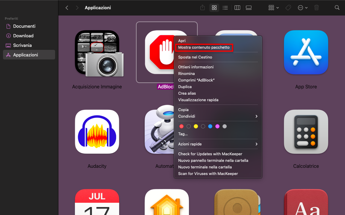 Un menu contestuale all'interno della cartella Applicazioni su Mac dopo aver fatto clic con il tasto destro del mouse sull'icona di un'applicazione. È possibile rimuovere i file di lingua inutilizzati dalla cartella Risorse dopo aver selezionato Mostra contenuto pacchetto.