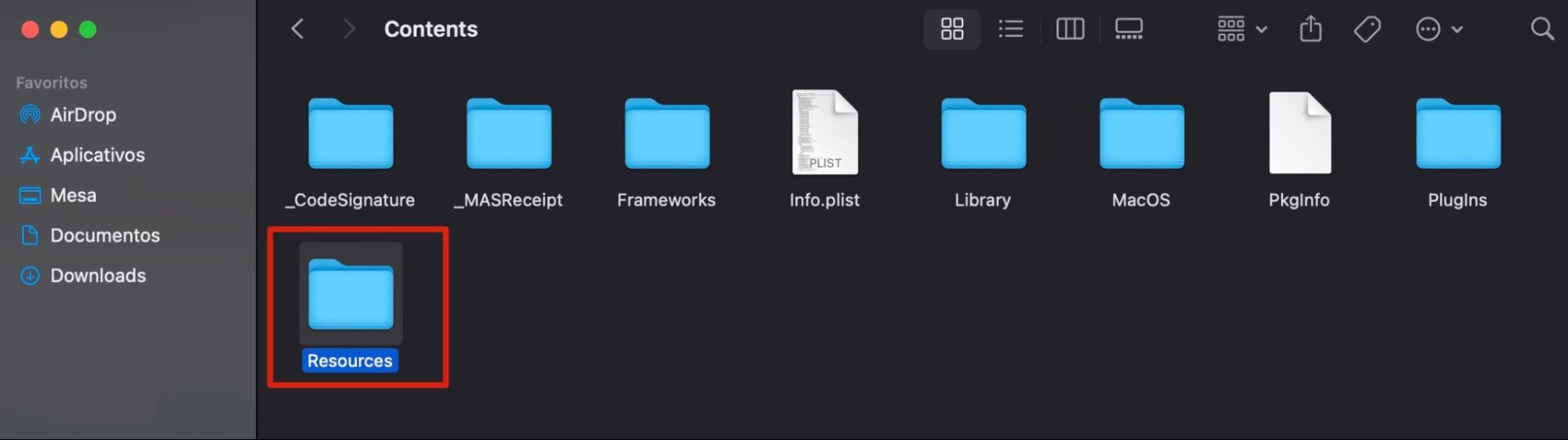 Esta é a pasta Contents de um aplicativo instalado no Mac. Você encontrará arquivos de idioma não utilizados na pasta Resources, e eles podem ser excluídos para liberar espaço no Mac.