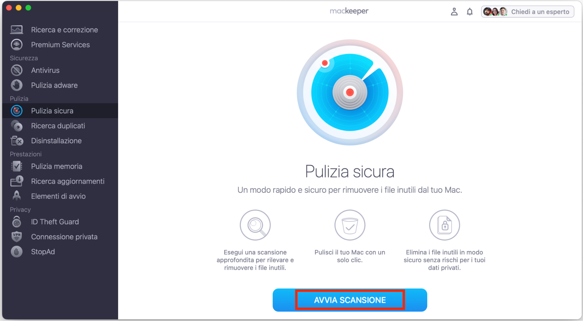 Per liberare spazio sul tuo Mac, usa Pulizia Sicura di MacKeeper. Questo può aiutare con il problema di iCloud Drive che occupa spazio sul Mac.