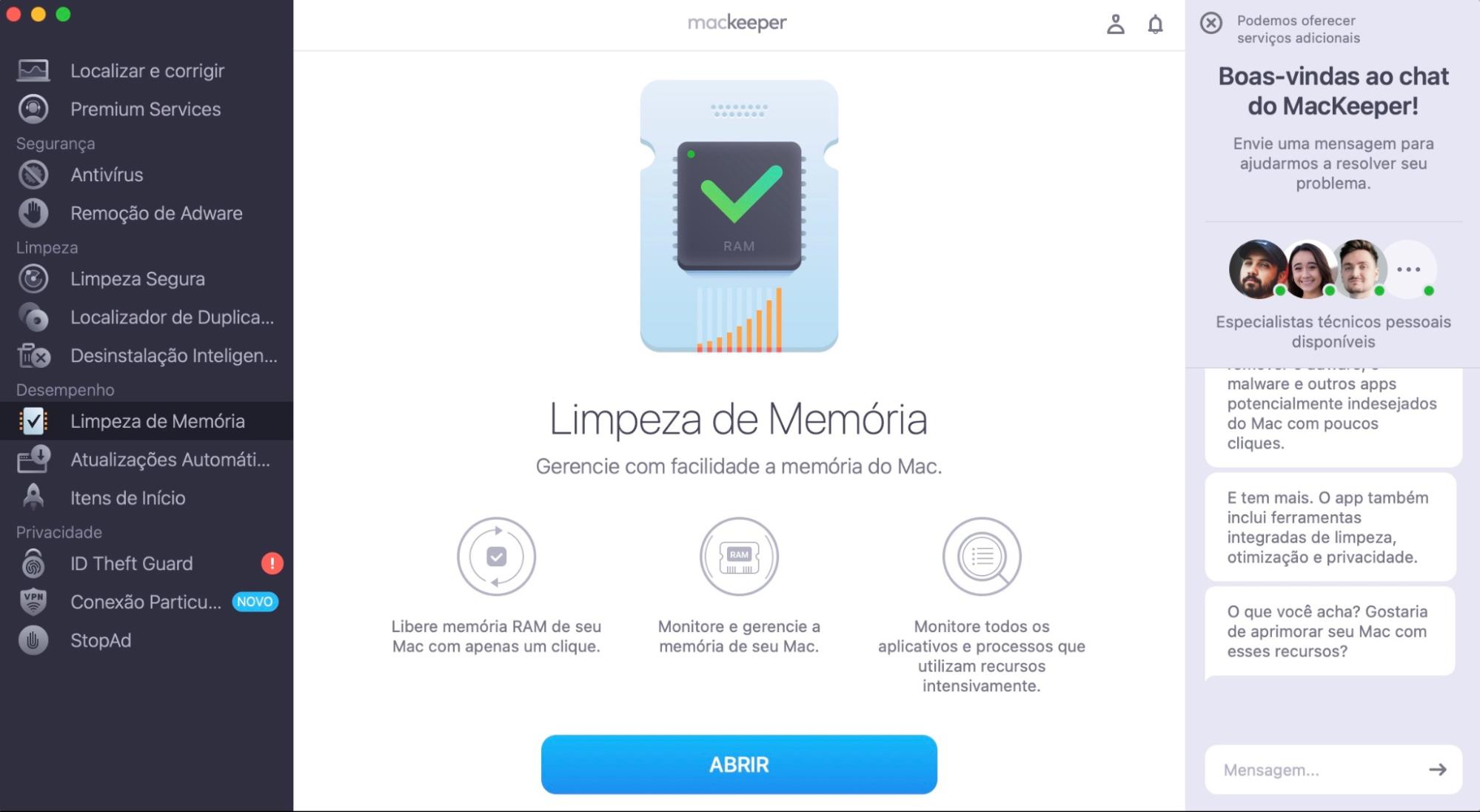 Para limpar a memória ou encerrar processos inúteis no seu Mac para melhorar o desempenho, execute o MacKeeper e selecione Limpeza de Memória à esquerda. Clique no botão Abrir.