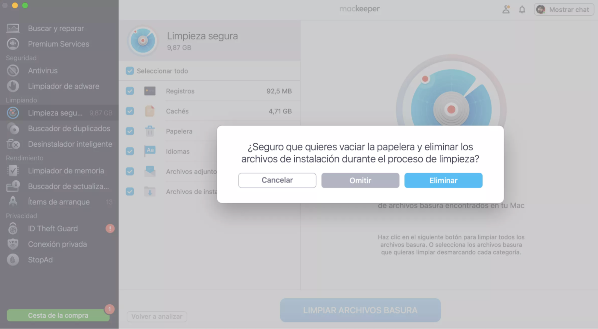 Selecciona Eliminar en una ventana emergente para vaciar la Papelera y eliminar los archivos de instalación durante la limpieza.