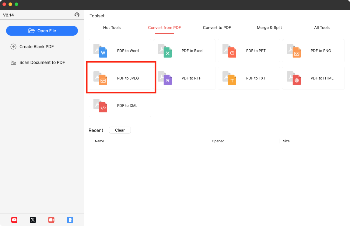 Run the PDFgear app, and click 'Convert from PDF' at the top. In this section, select the 'PDF to JPEG' option to open the tool.