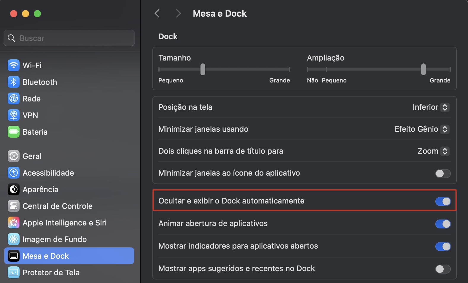 Um Dock e uma barra de menus que desapareceram também podem ser restaurados. Para isso, desmarque Ocultar e exibir o Dock automaticamente. Em seguida, vá para Ajustes do Sistema > Central de Controle > Barra de Menus e defina Ocultar e exibir a barra de menus automaticamente para Nunca.