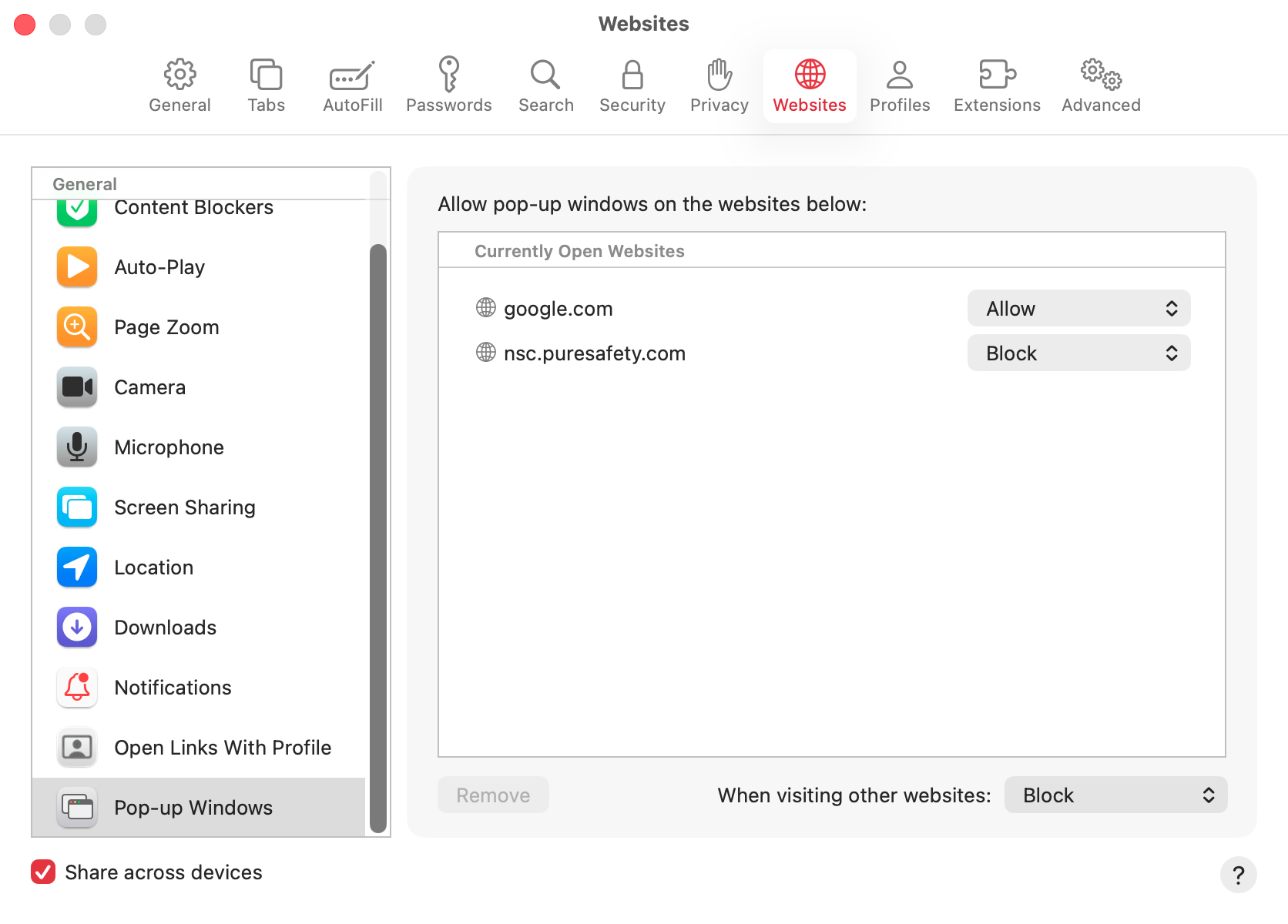 Go to the Websites section of your Safari settings. In the left-hand pane, scroll down and select 'Pop-up Windows'. Now you can choose when to block and when to allow pop-ups.