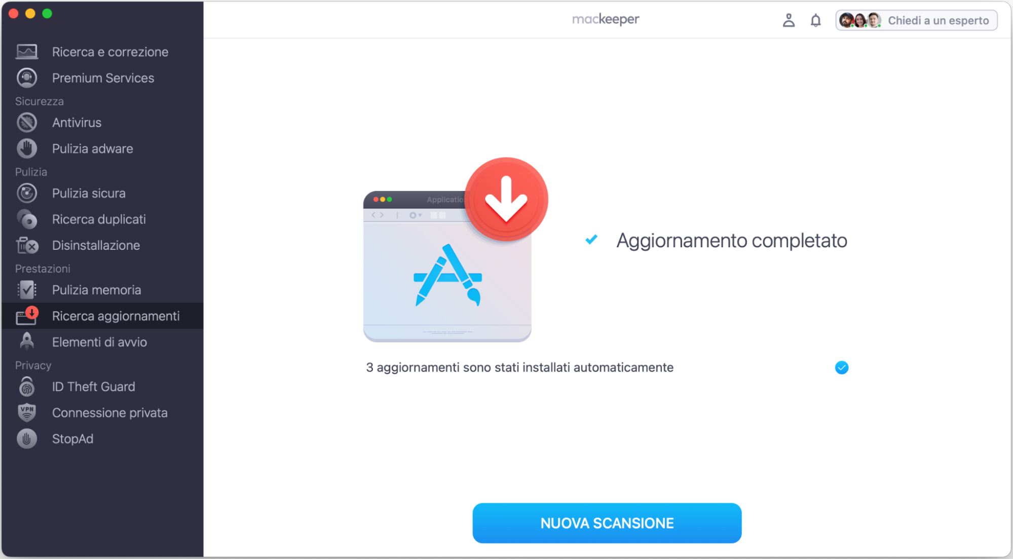 Aggiornamento completato. Clicca Nuova scansione per verificare se sono disponibili nuovi aggiornamenti.
