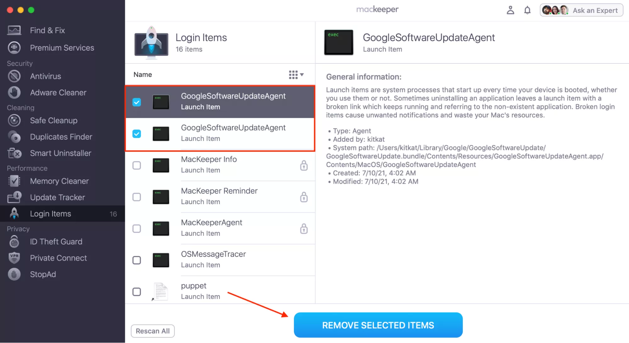Review the scan results in MacKeeper Login Items, select the checkboxes next to unneeded apps, click Remove Selected Items, and confirm to remove them.