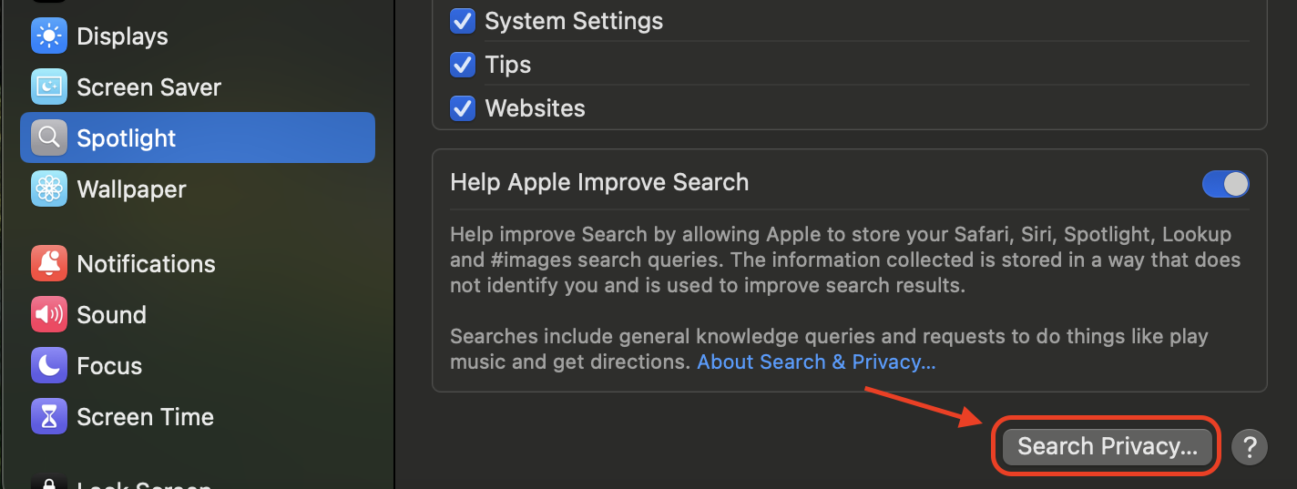 Click Search Privacy in Spotlight settings to manage indexed locations, exclude specific folders, and control search visibility on your Mac.
