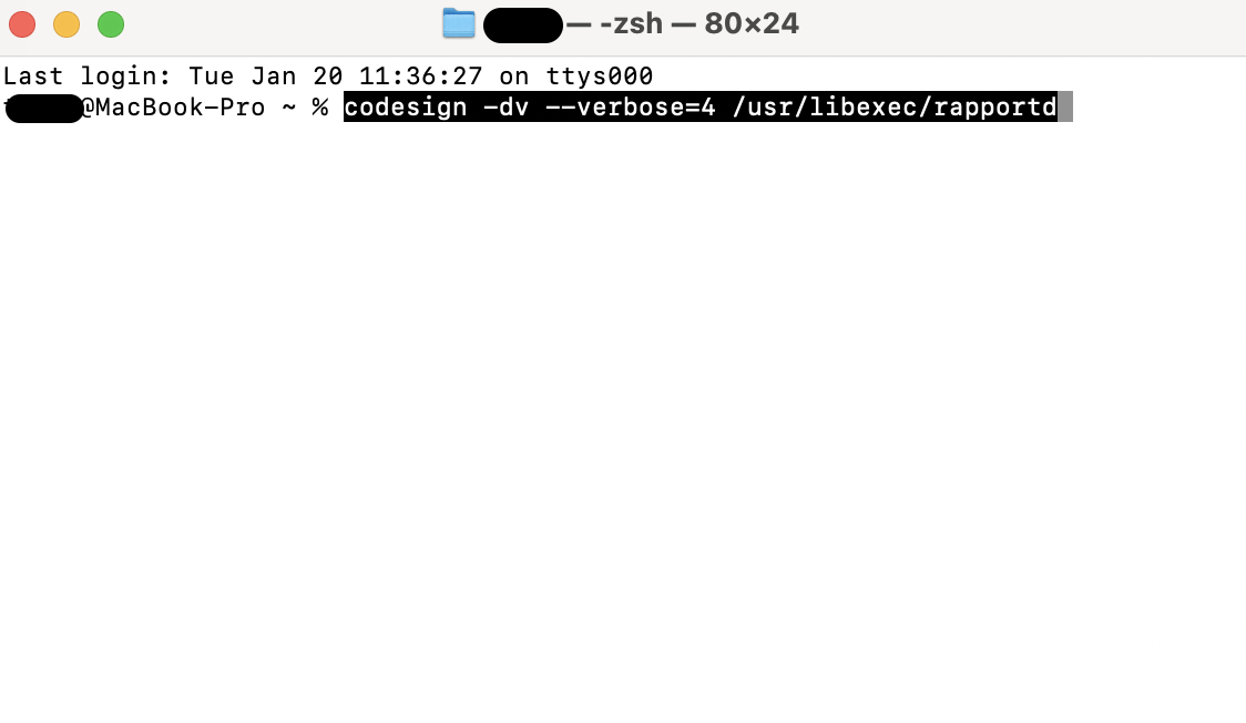 Mac terminal window showing the codesign command output to verify that rapportd is officially signed by Apple and protected by system integrity.