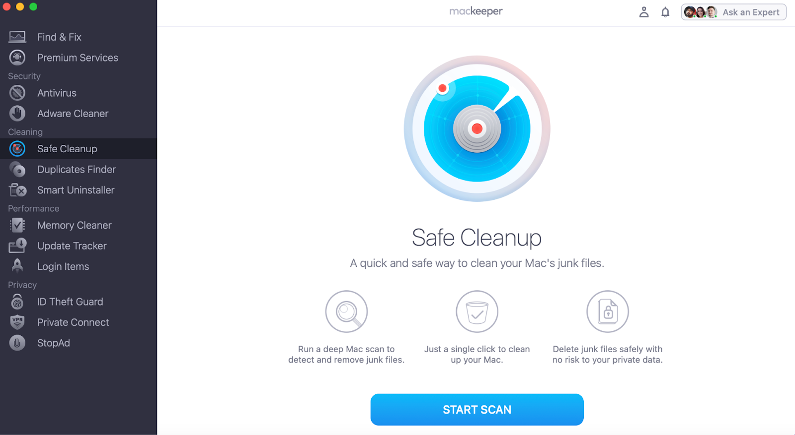 To use MacKeeper’s Safe Cleanup tool to declutter your device from cache or Logs, that might make your Mac sleep with the lid shut–begin by opening the app. Then go to Safe Cleanup and press Start Scan.