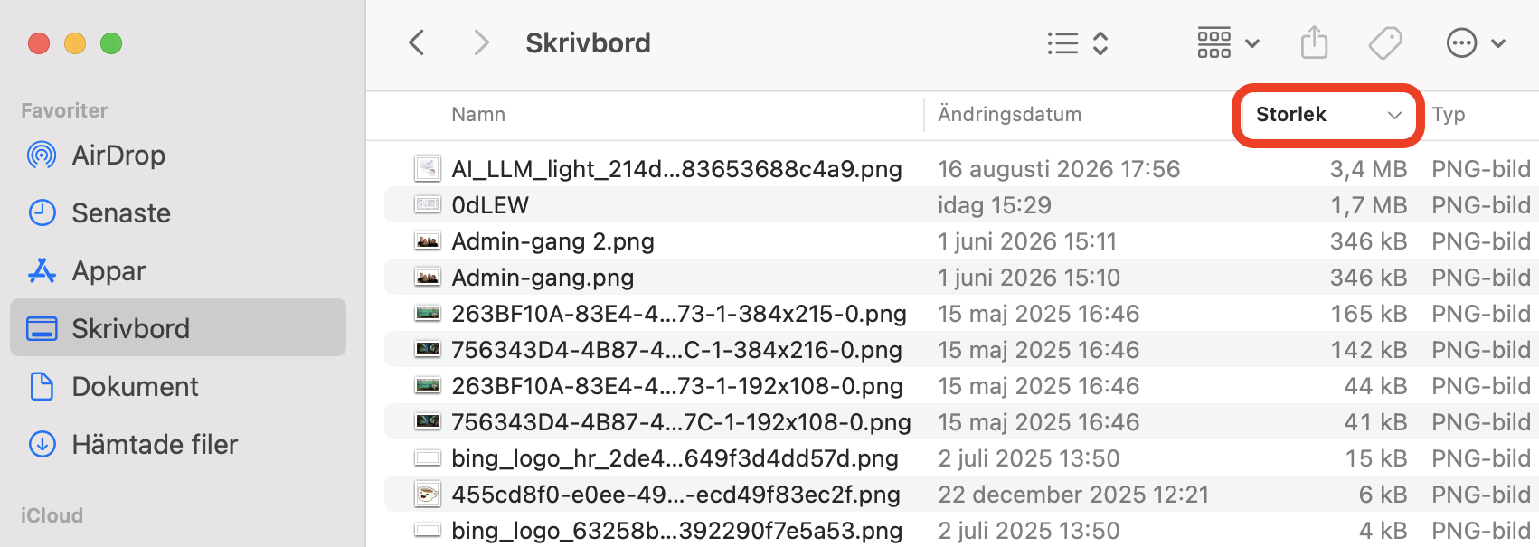 Mappen Skrivbord i Finder på Mac med alla filer sorterade efter storlek. Ta bort stora filer du inte behöver för att frigöra diskutrymme på Mac.