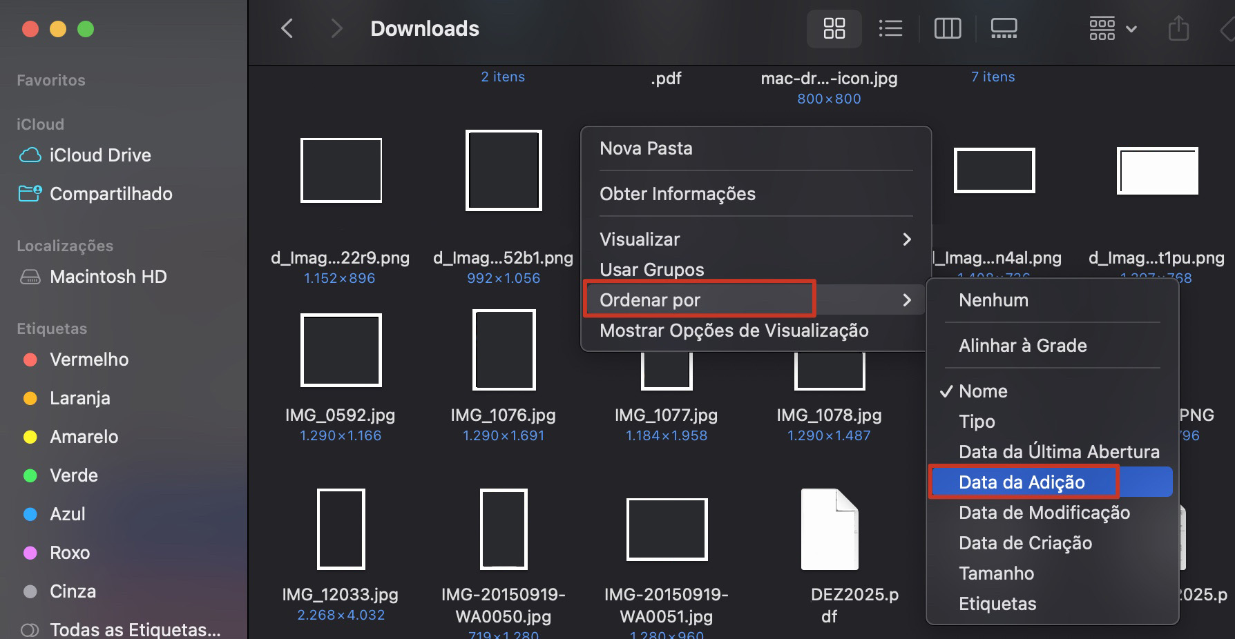 Para classificar seus downloads por data no Mac, abra o Finder e vá até a pasta Downloads. Em seguida, clique com o botão direito dentro da pasta, clique em Ordenar por e, por fim, selecione Data da Adição no menu.