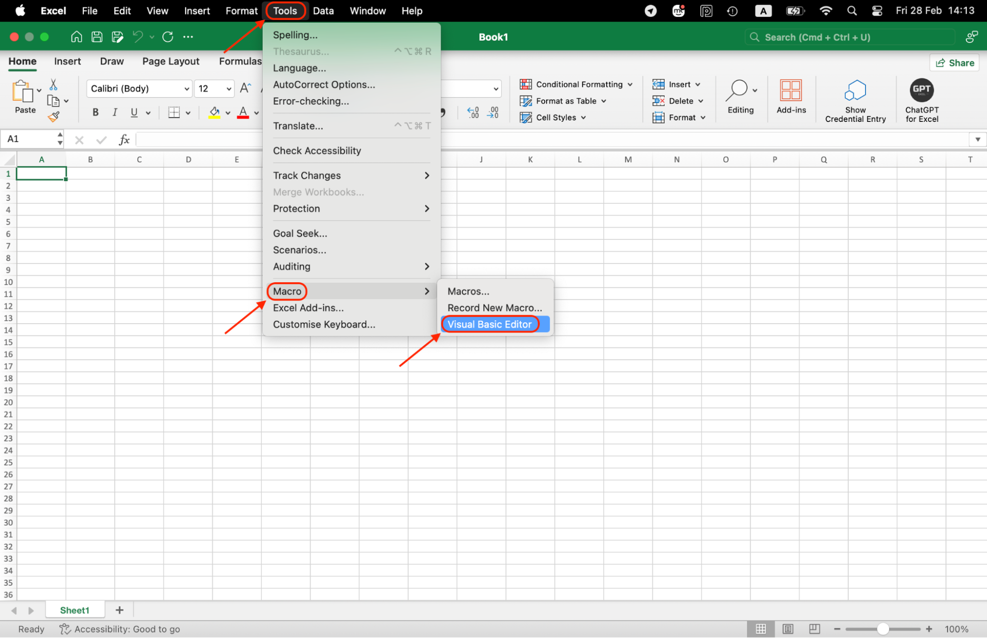 VBA Editor open in Excel, accessed via Tools > Macro > Visual Basic Editor, optimizing repetitive tasks for improved workflow efficiency.