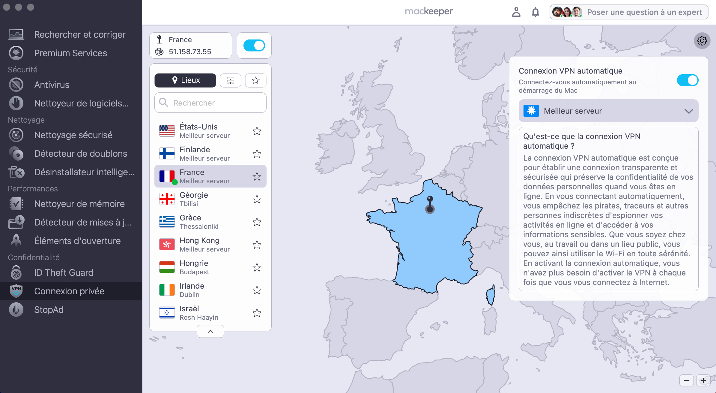 Si vous avez besoin d'une protection chaque fois que vous vous connectez à un réseau, cochez la case située à côté de Se connecter automatiquement au démarrage de mon Mac.