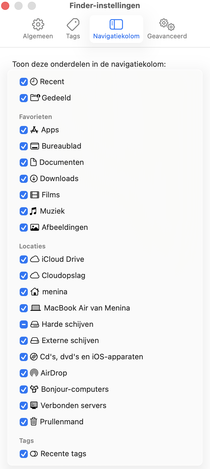 Ga vervolgens naar de sectie Navigatiekolom en zorg er opnieuw voor dat ‘Externe schijven’ is aangevinkt onder ‘Toon deze onderdelen in de navigatiekolom’.