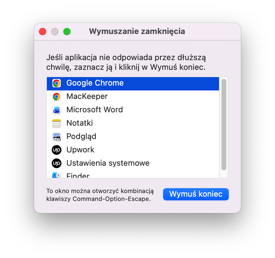 Po naciśnięciu odpowiednich klawiszy możesz teraz wybrać aplikację, którą chcesz wymusić zamknięcie, z wyskakującego menu. Powinno to pomóc odblokować Maca, jeśli aplikacja się zawiesza lub laptop przestaje reagować.