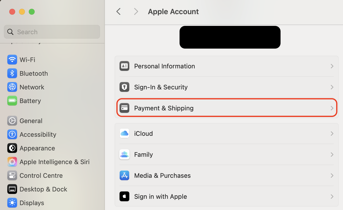 Open Apple Account settings, select Payment & Shipping, confirm that a valid payment method is on file, and update any expired card to restore access.