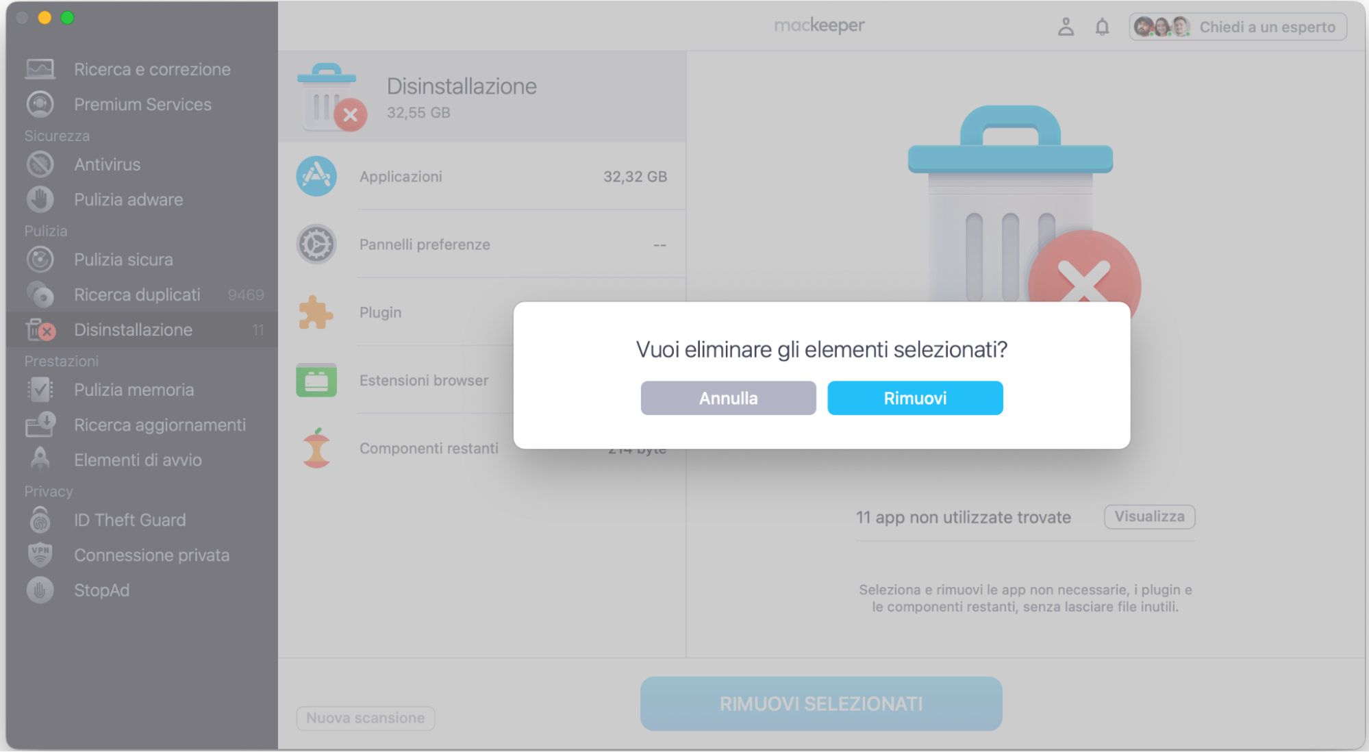 Clicca Rimuovi nel pop-up per eliminare completamente gli elementi scelti dal tuo MacBook.