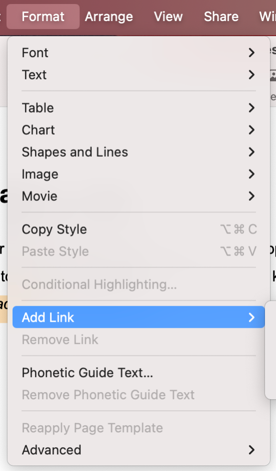 To add a hyperlink to your Pages document, select Format in the menu bar on your Mac, then choose Add Link.