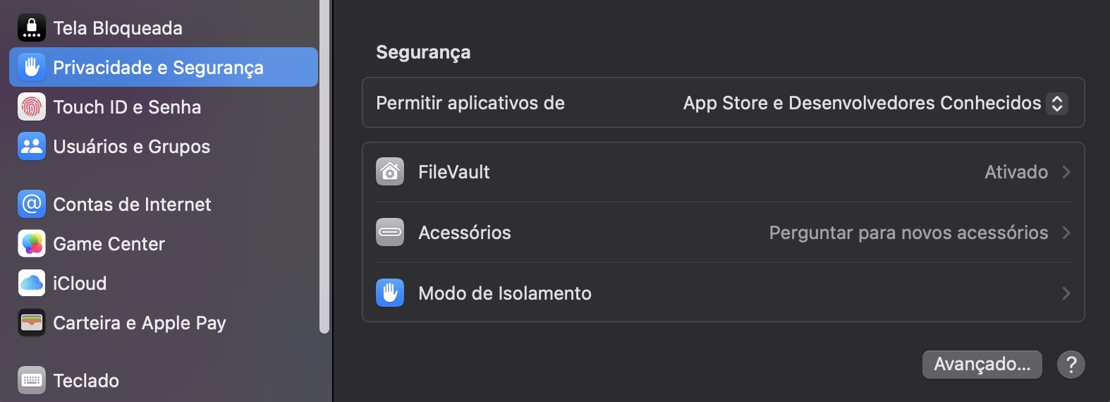 Na aba Privacidade e Segurança, role a página e localize o FileVault.