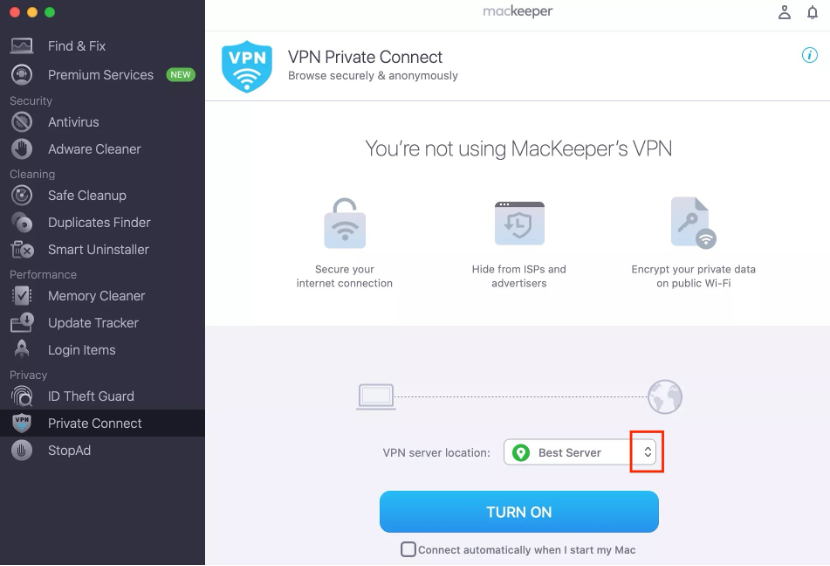 To turn MacKeeper’s VPN on, you need to select a server first.