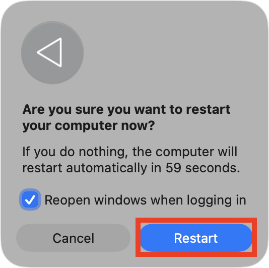 The Restart confirmation prompt on Mac. If you experience the Exchange password required error on Mac, you can restart your computer to see if this fixes the issue.