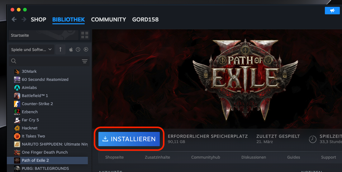 Die Steam-Bibliothek auf dem Mac zeigt die Schaltfläche zum Installieren des Spiels an. Klicken Sie auf Installieren, um den Download und die Installation des ausgewählten Spiels zu starten.