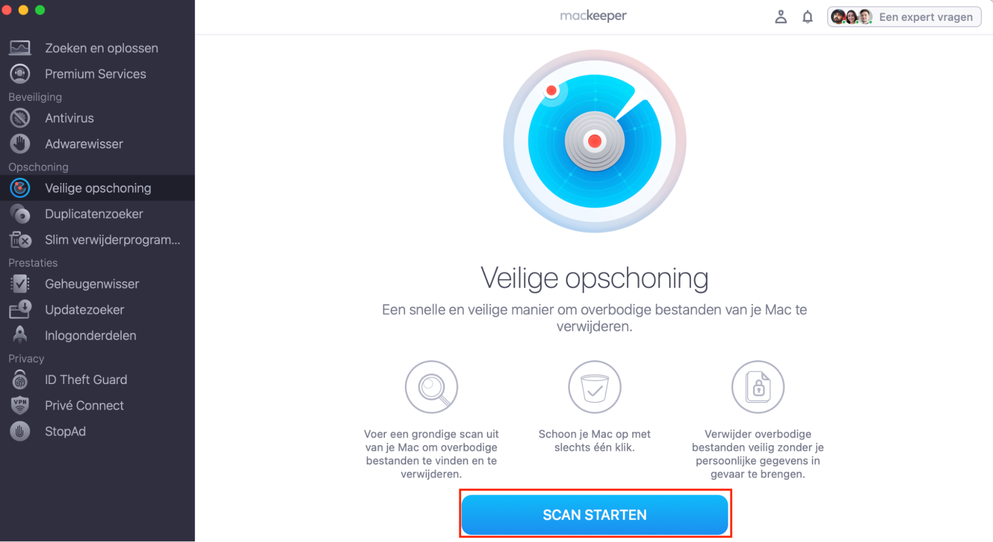 Startscherm van Veilige Opschoning in MacKeeper met de knop ‘Scan starten’ onderaan gemarkeerd. Dit is de tweede stap in een handleiding over het wissen van de Mail cache met een Mac cleaner.