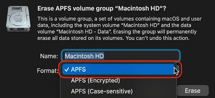 Disk Utility erase dialog in macOS Recovery on an Apple computer with the APFS format chosen and the Erase button to wipe Macintosh HD.