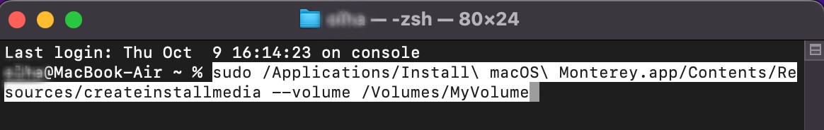 A command to create a bootable USB drive for macOS Monterey in Terminal. Use this to create a new bootable USB drive when you find macOS Monterey cannot be installed on Macintosh HD.