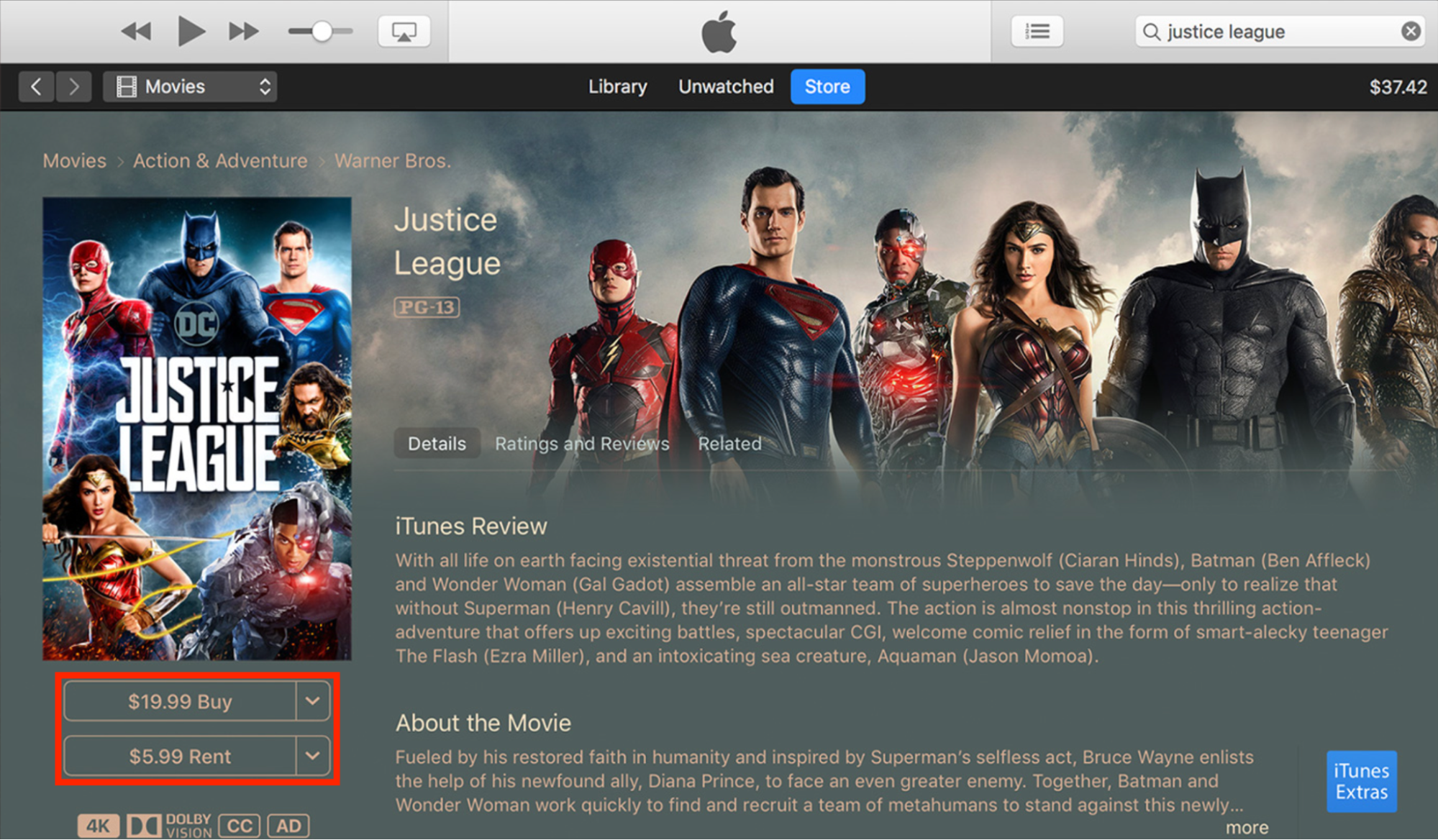 The Buy and Rent options for a movie in iTunes on Mac. You can buy or rent titles in iTunes when you want to know how to download movies on MacBook.