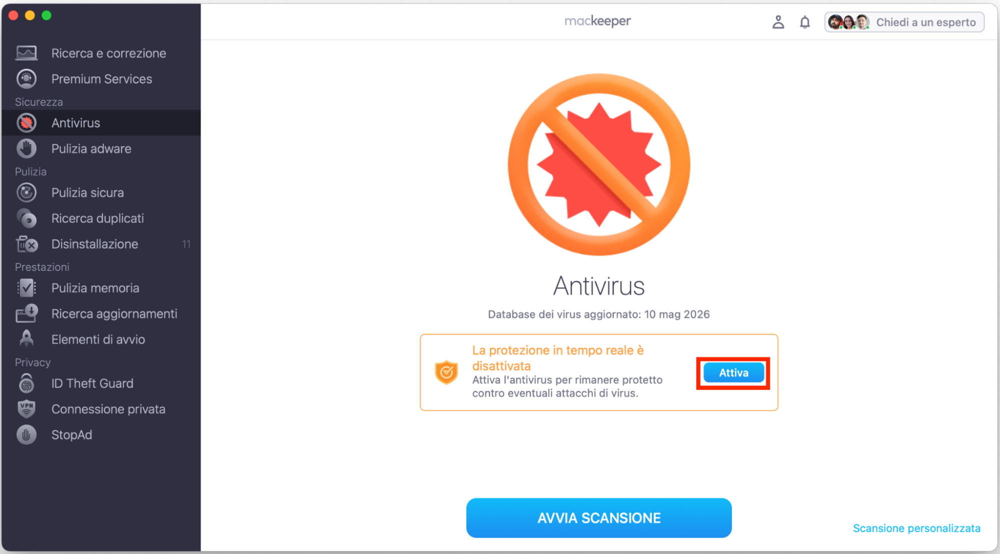 L’Antivirus di MacKeeper. Il pulsante Attiva è evidenziato per attivare la protezione antivirus in tempo reale. Parte di una guida su come bloccare i falsi pop-up McAfee su Mac.