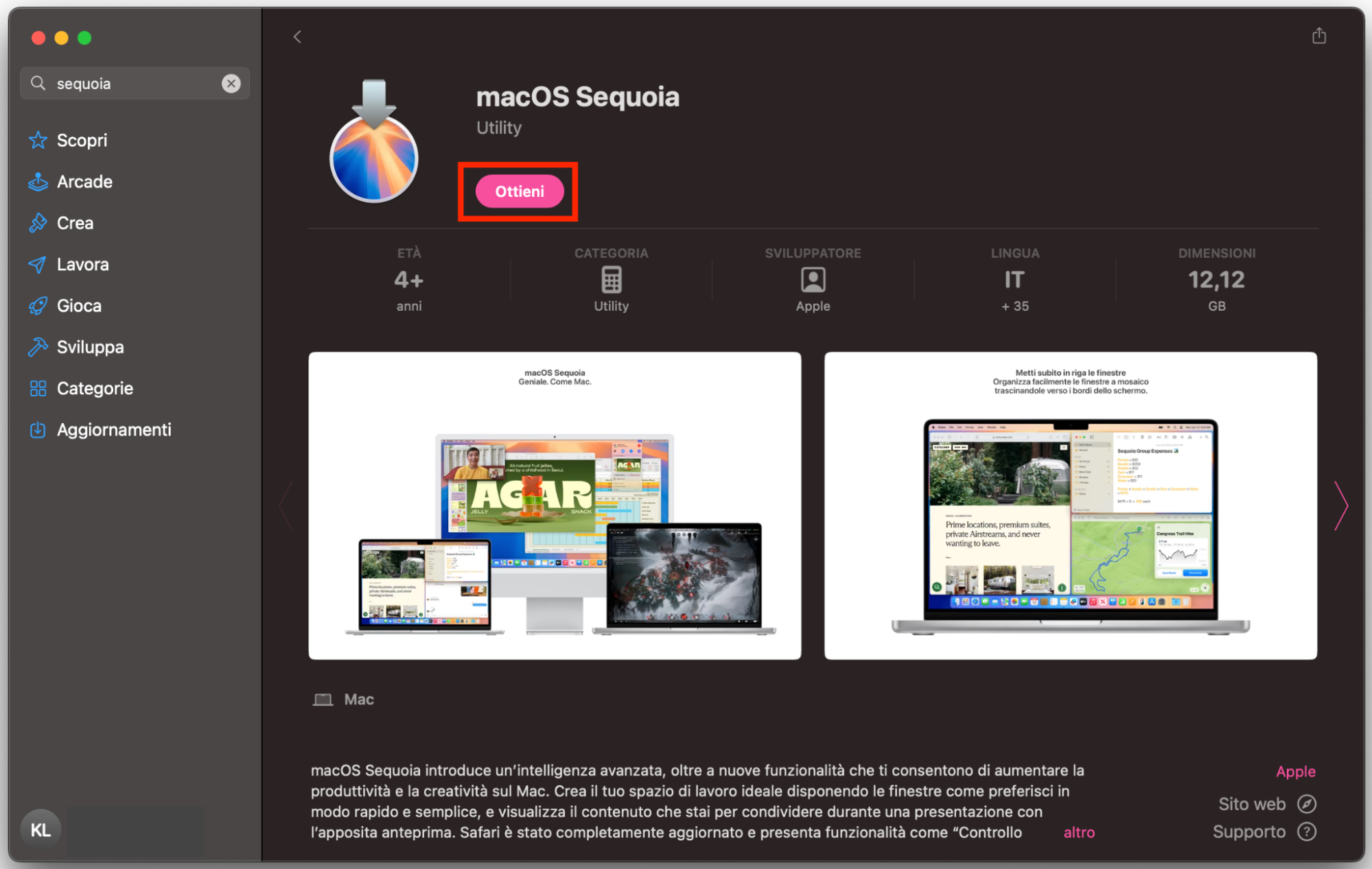 Clicca su Ottieni per avviare il download dell’ultima versione di macOS disponibile per il tuo Mac.