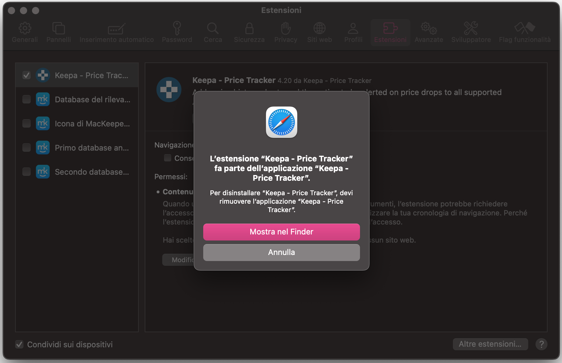 Quando clicchi sul pulsante di disinstallazione, Safari ti chiederà di mostrare l’estensione in una finestra del Finder. Clicca su Mostra nel Finder.