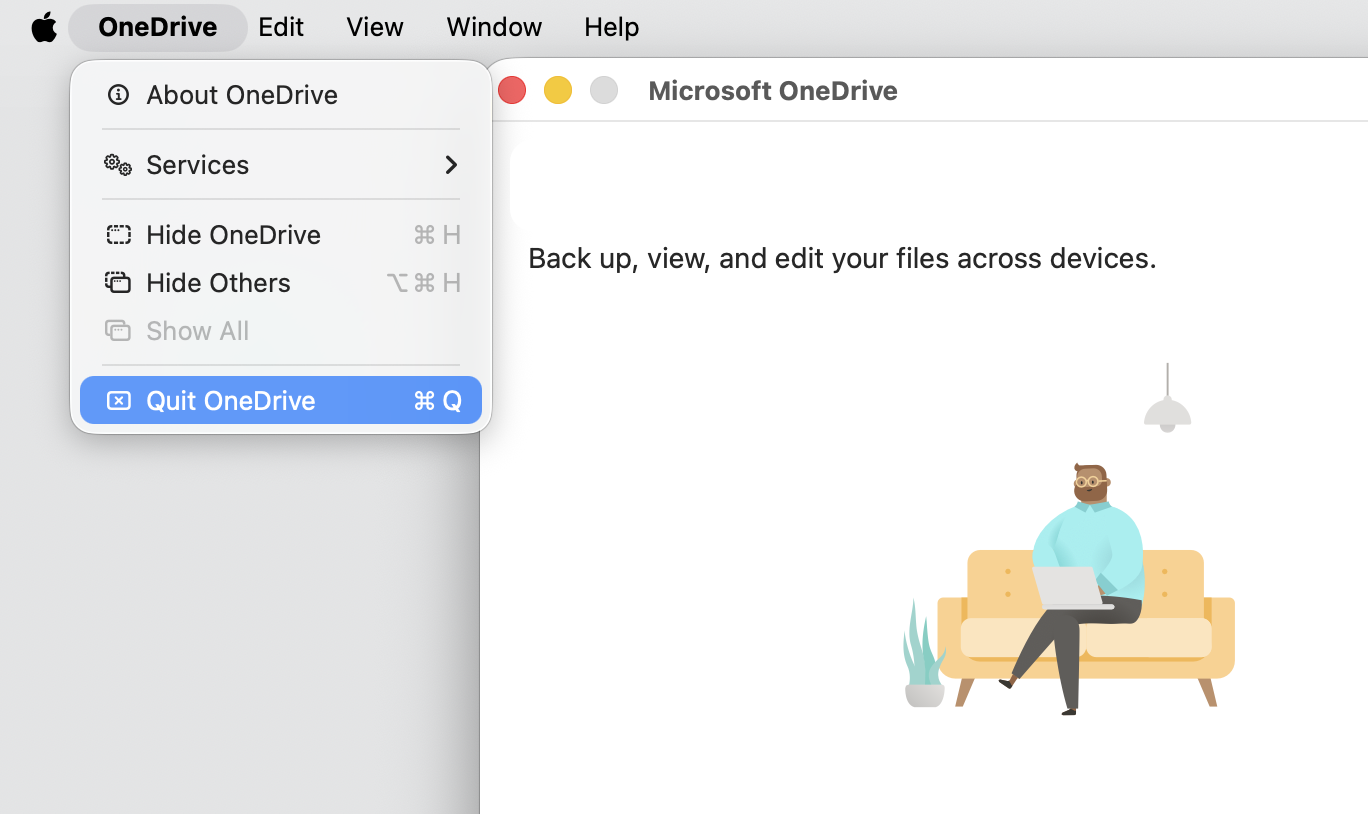 OneDrive menu in the macOS menu bar with Quit OneDrive highlighted, the first step to reset and clear OneDrive cache on a MacBook.