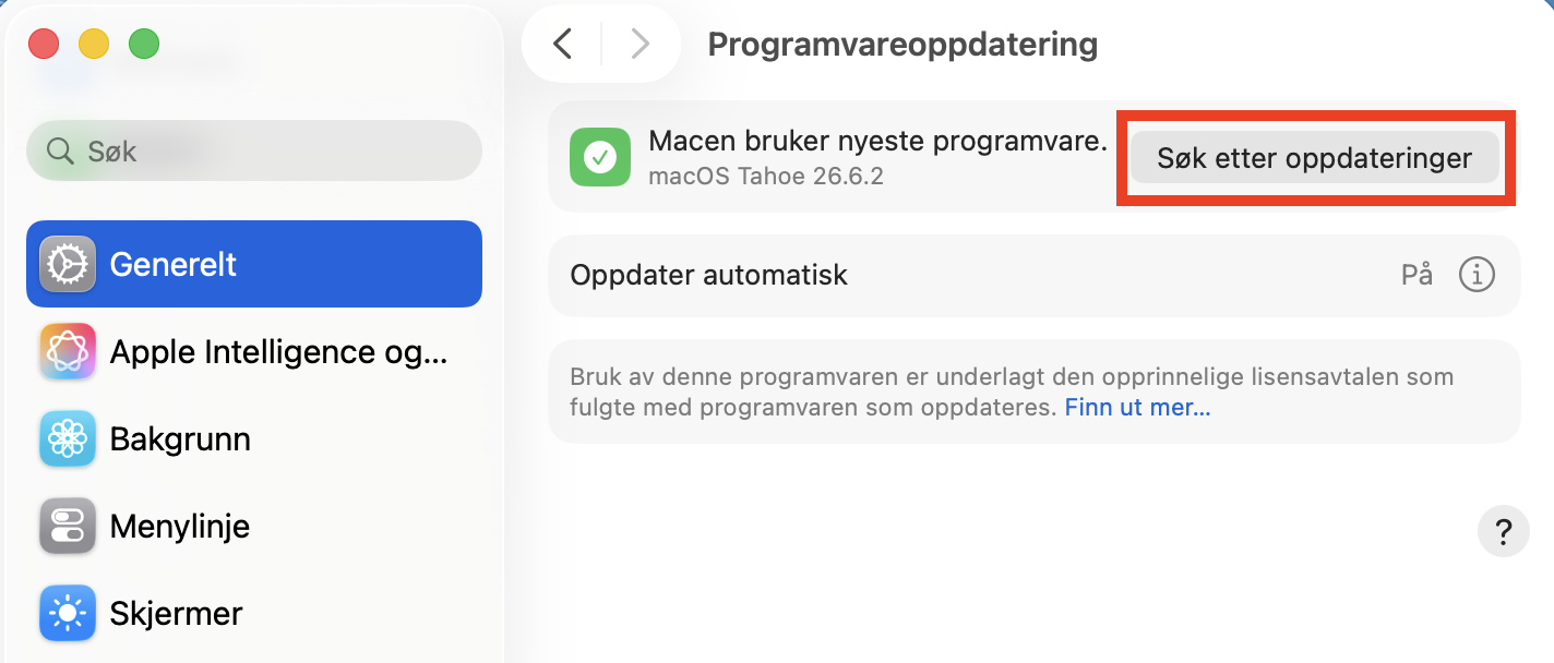 Kontroller Systeminnstillinger for å sikre at macOS er oppdatert. Du bør gjøre dette regelmessig for å unngå problemer, inkludert problemer med eksterne harddisker.