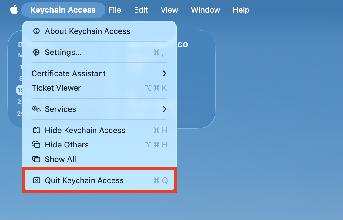 The Keychain Access menu on Mac. After deleting Exchange accounts from Keychain Access, quit the app and then sign into your Exchange account again to solve Exchange password required errors.