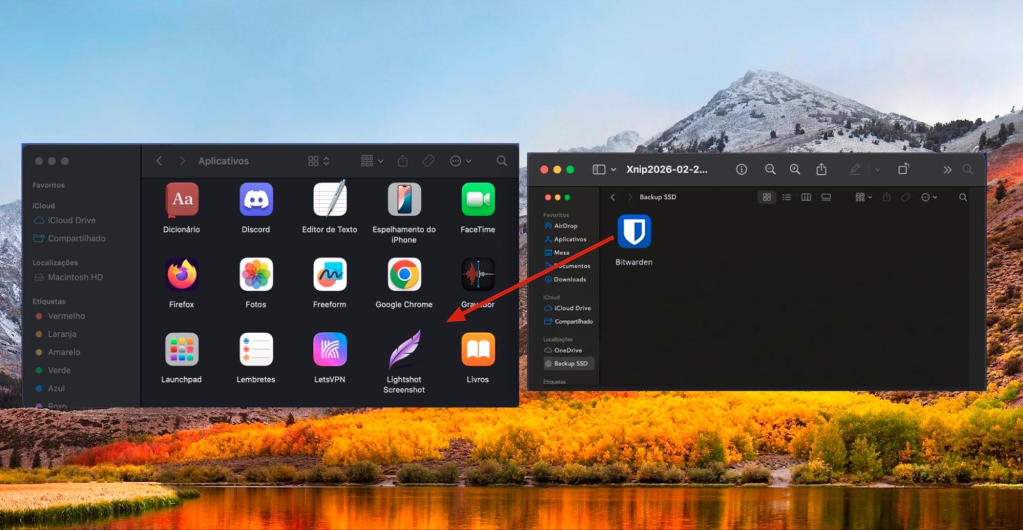 Finder no Mac mostrando a pasta Aplicativos ao lado de uma pasta de disco externo. Arraste os aplicativos do disco externo para a pasta Aplicativos para transferi-los para um novo Mac sem usar o Assistente de Migração.