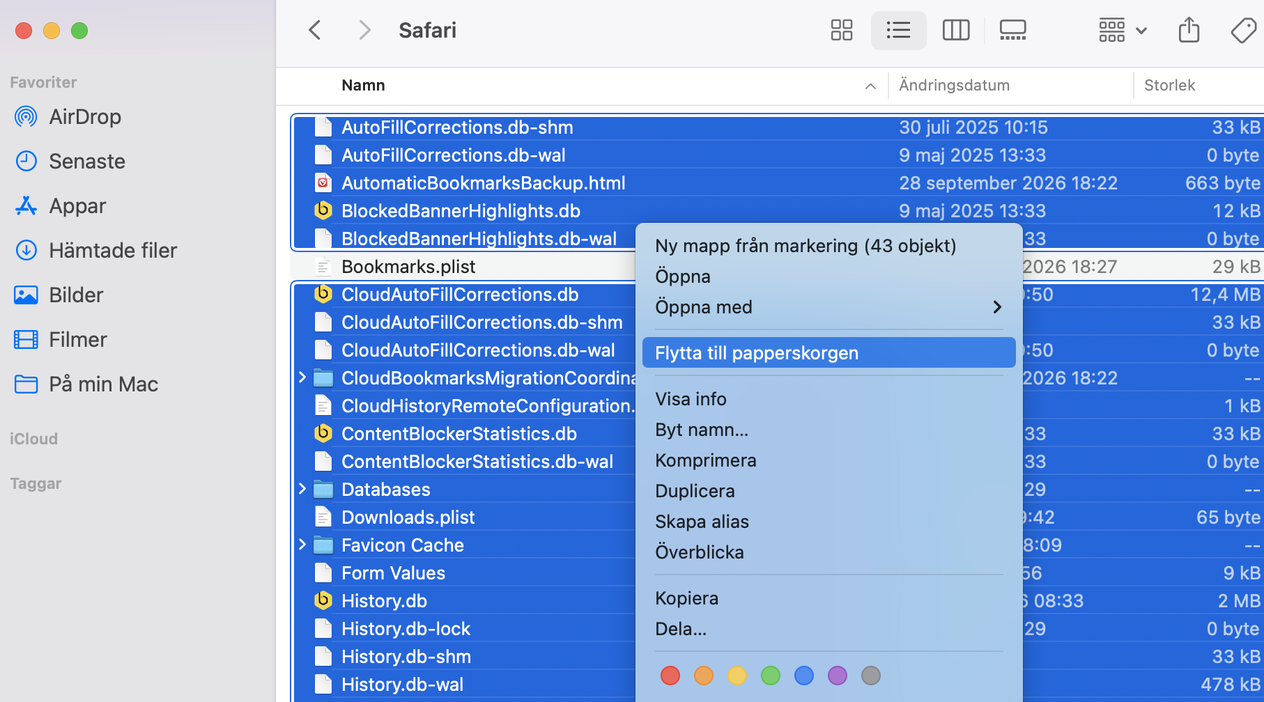 Använd 'Gå till mapp' för att besöka mappen '~/Library/Safari/'. Ta bort allt där förutom dina bokmärken. Glöm inte att tömma papperskorgen efteråt.