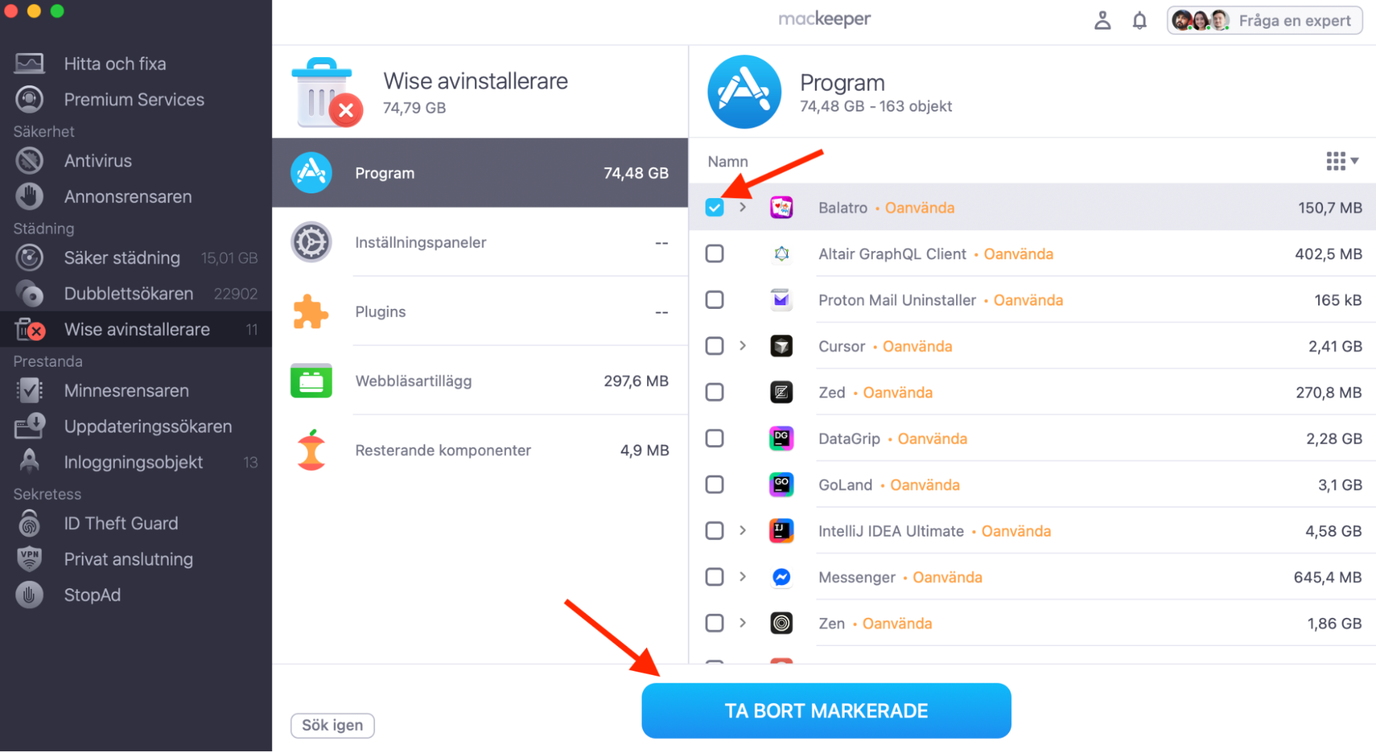 MacKeeper på Mac visar verktyget Wise avinstallerare. Efter att du markerat apparna du vill avinstallera, klicka på knappen Ta bort markerade.